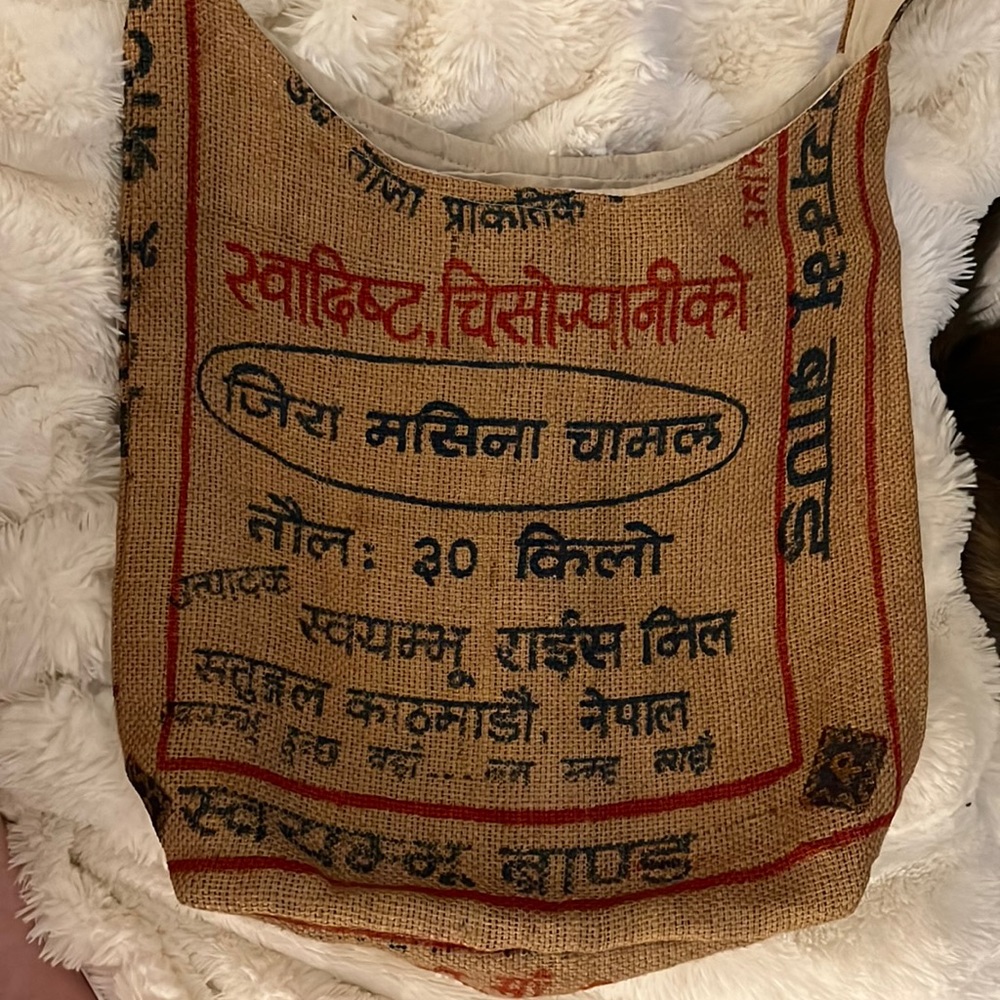 Burlap tote, crossbody, recycled rice bag, Nepal - not “rice love”